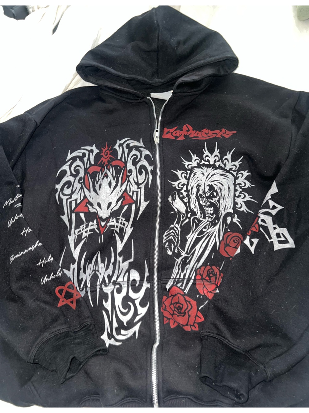 Black Graphic Zip-Up Hoodie Jacket with Red & White Gothic Print